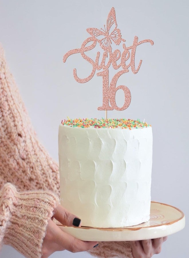 كونفيتي زينة كعكة عيد الميلاد السادس عشر بتصميم فراشة باللون الذهبي الوردي - مثالية للاحتفال بعيد الميلاد السادس عشر، والذكرى السنوية، وحفلات الزفاف - Image 3